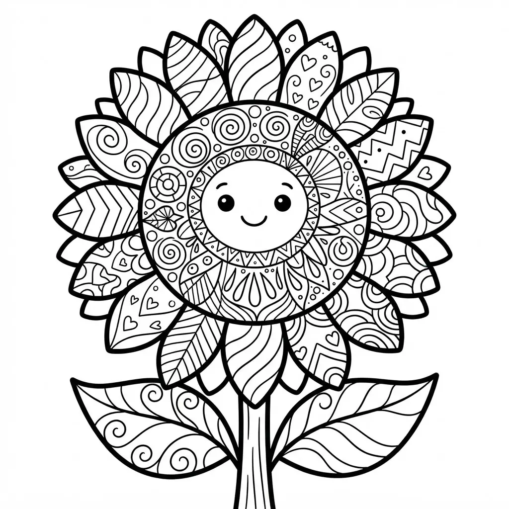Sunflower coloring pages showing a zentangle flower outline with repeated lines, curls, and patterned petals.