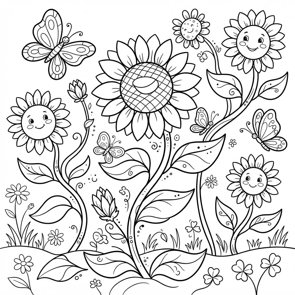 Sunflower coloring pages featuring a garden scene with butterflies, curved stems, leaves, and open flower centers.