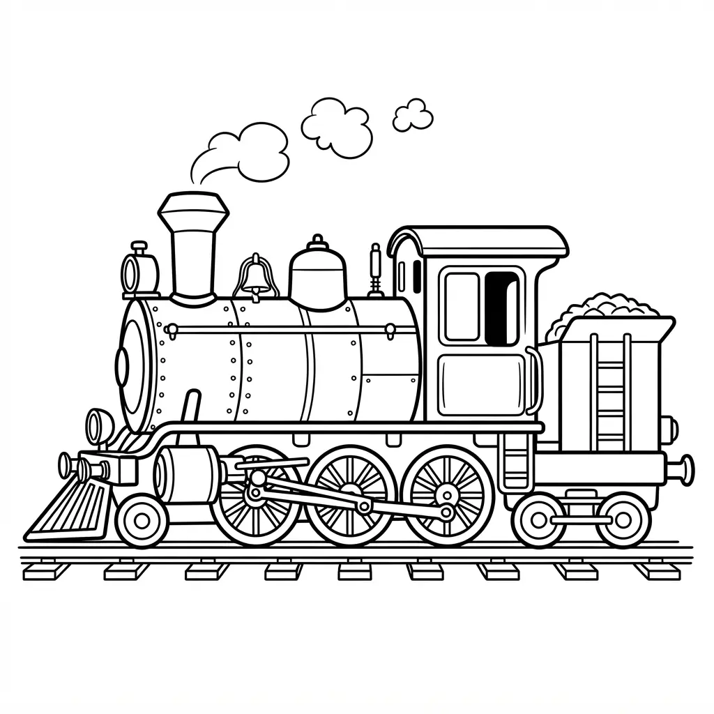 Vintage steam locomotive side view in bold black line art for train coloring pages.