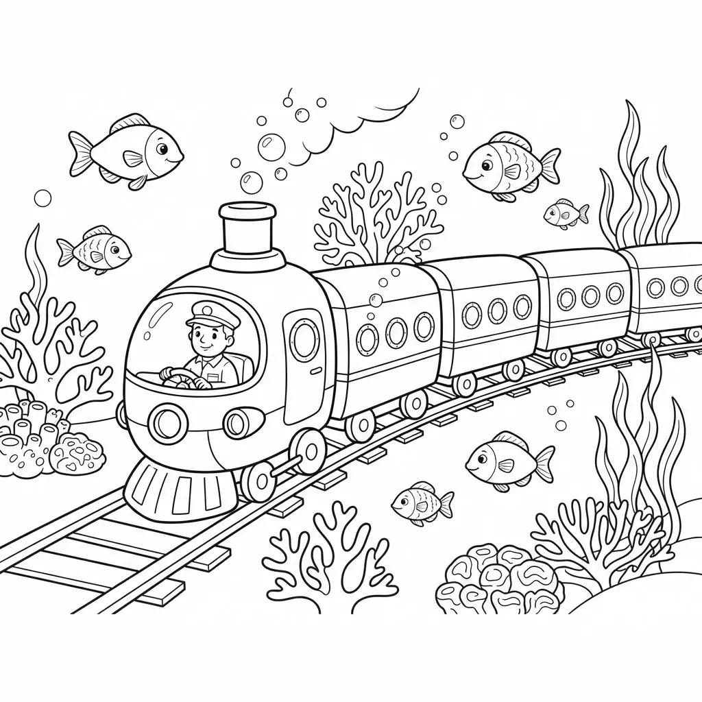 Underwater submarine train passing coral, fish, and bubbles in clean black line art.