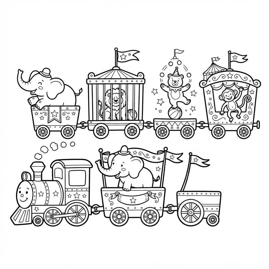 Circus train cars lined up with flags, stars, and animal performers in black line art.