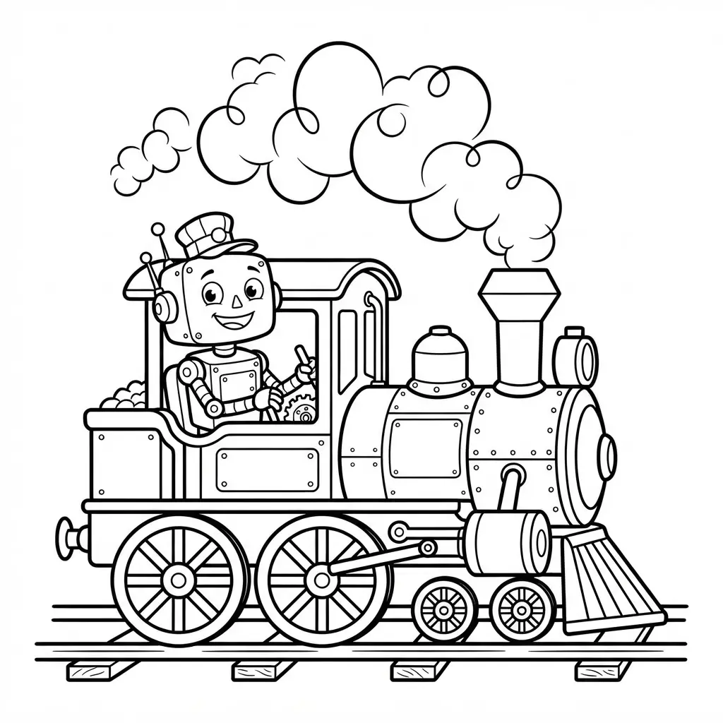 Cute robot driver steering a small steam engine with wheels, smoke, and clear outlines.