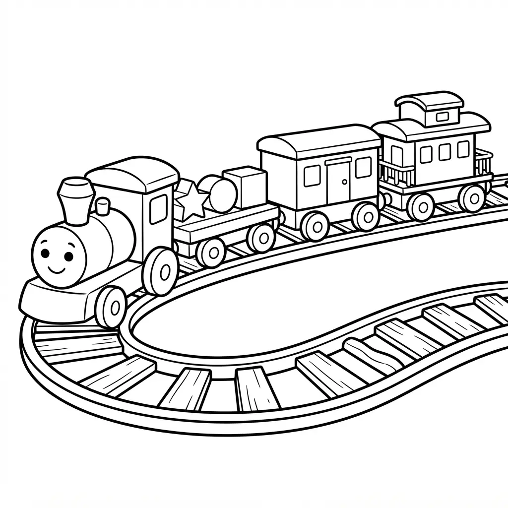 Classic wooden toy train set with tracks, blocks, and rounded cars in black line art.
