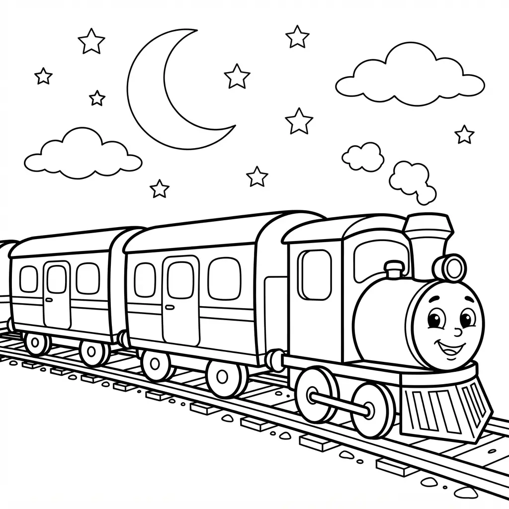 Night express train silhouette traveling beneath stars, a moon, and outlined clouds.