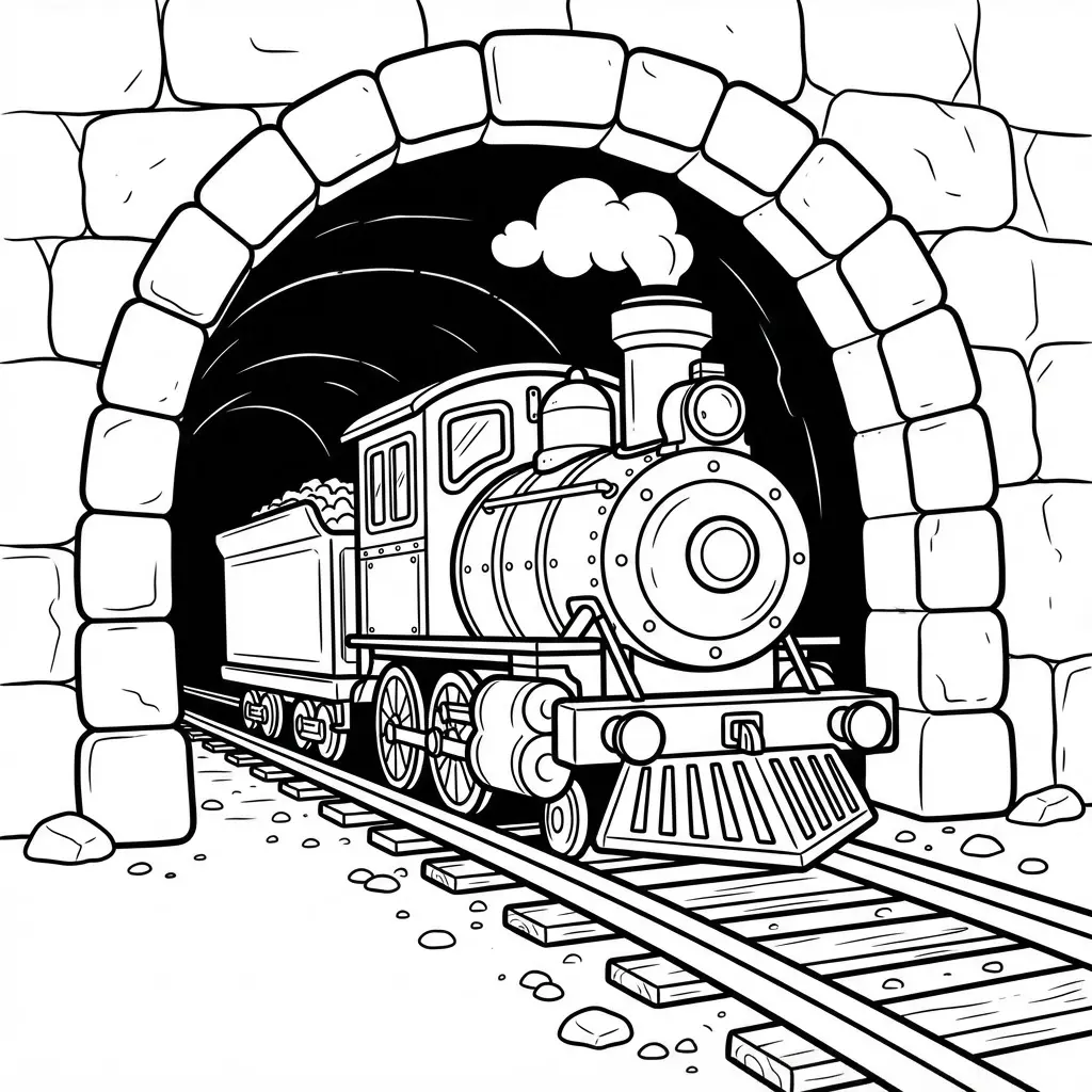 Industrial tunnel train entrance view with rails, stone blocks, and a headlight in clear outlines.
