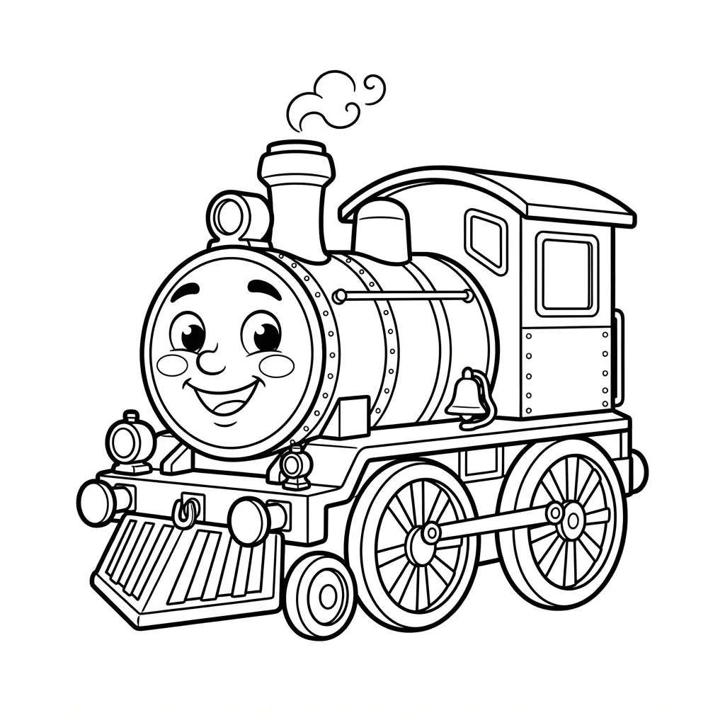 Happy little engine mascot character with a smiling face, wheels, and bold black outlines.