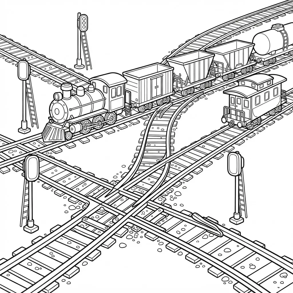 Busy switch yard track junction with crossing rails, signals, and several outlined train cars.