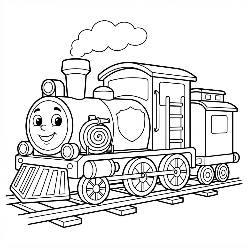 Fire engine themed rescue train with a ladder, hose, wheels, and clean printable outlines.