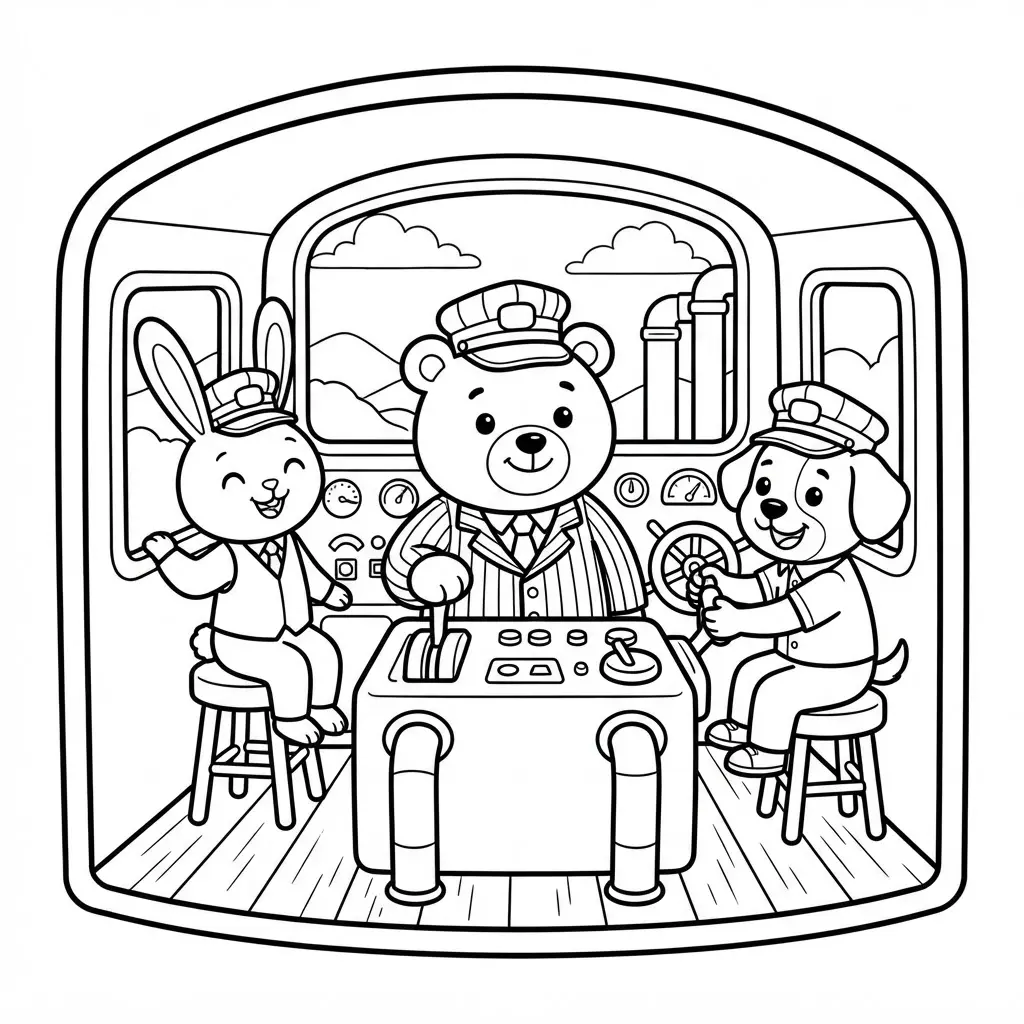 Cartoon animal train conductors inside a cheerful outlined cab for train coloring pages.