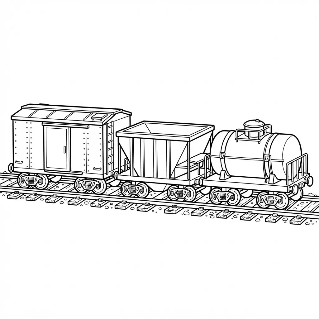 Detailed freight train cargo cars with bold wheels and clear lines for train coloring pages.