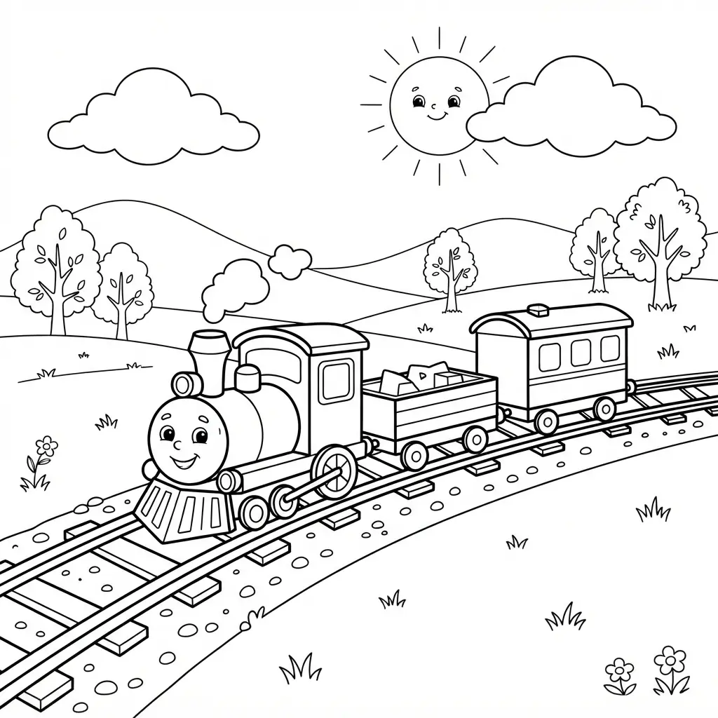 Countryside railway track scene with fields, trees, and a locomotive for train coloring pages.