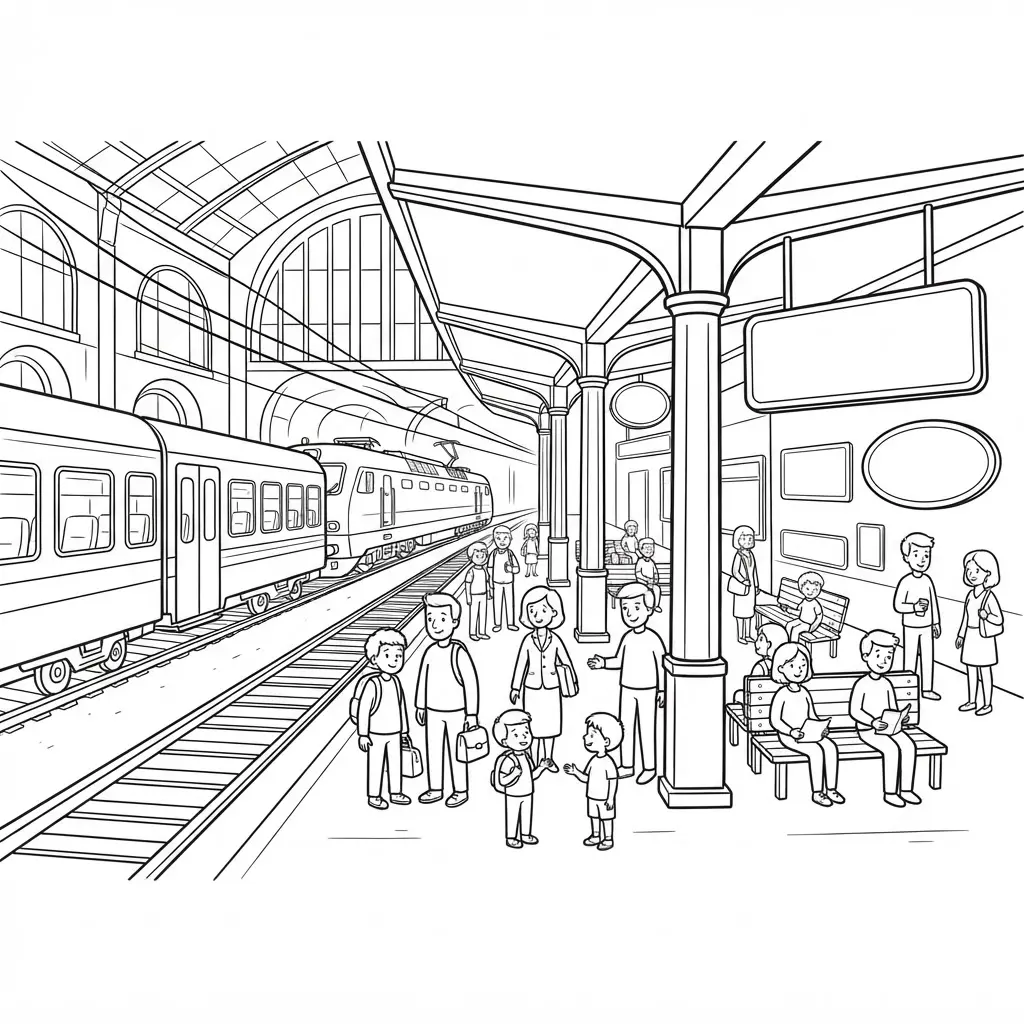 Busy city train station platform with passengers, signs, and rails for train coloring pages.