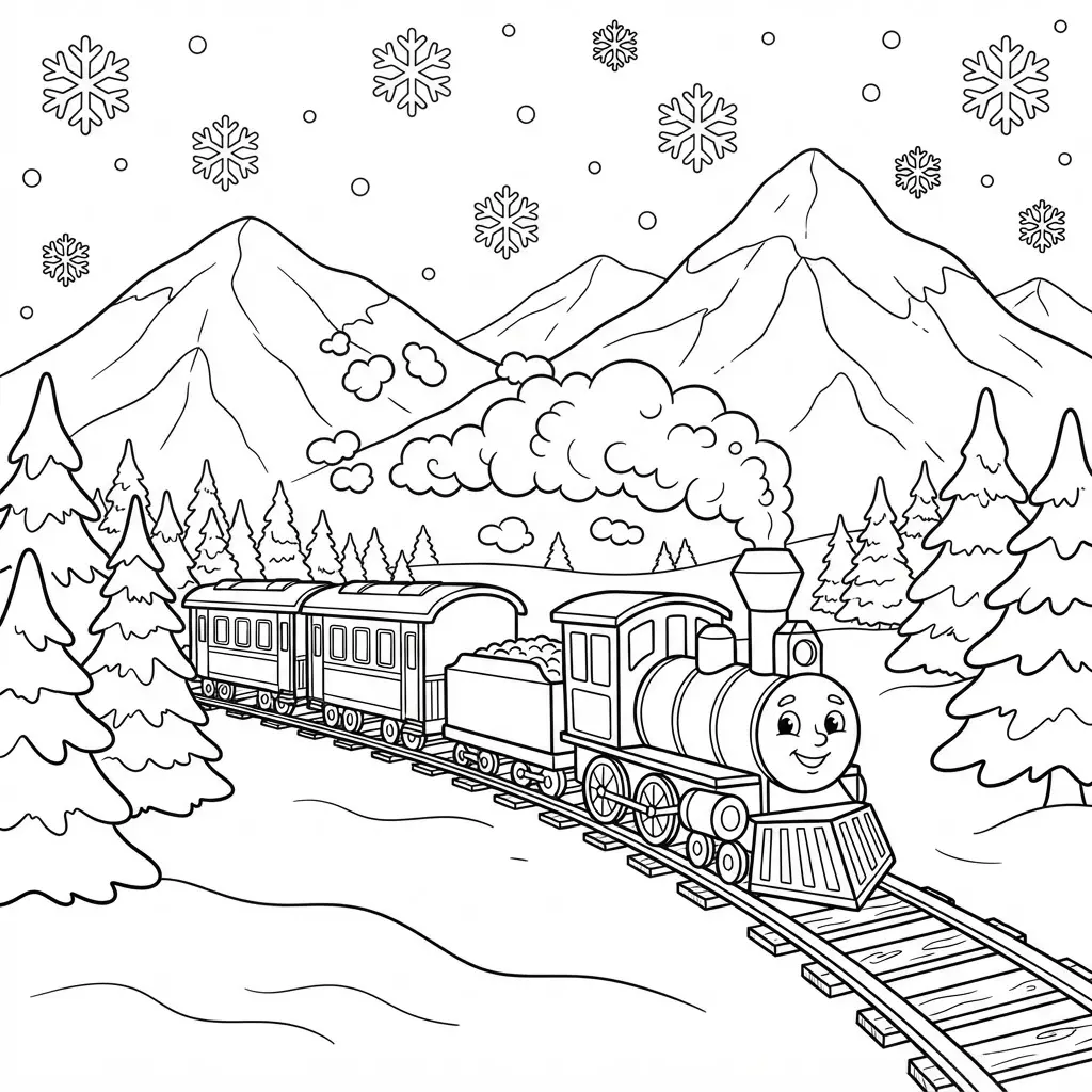 Winter snowy mountain train route with pine trees and steam for train coloring pages.
