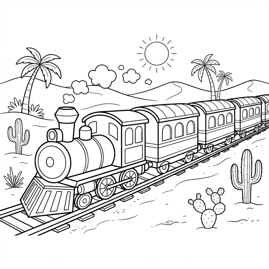 Desert safari passenger express train beside palms and dunes for train coloring pages.