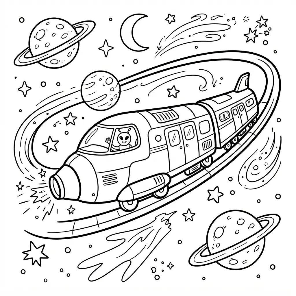 Futuristic space train concept art with stars, planets, and bold outlines for train coloring pages.