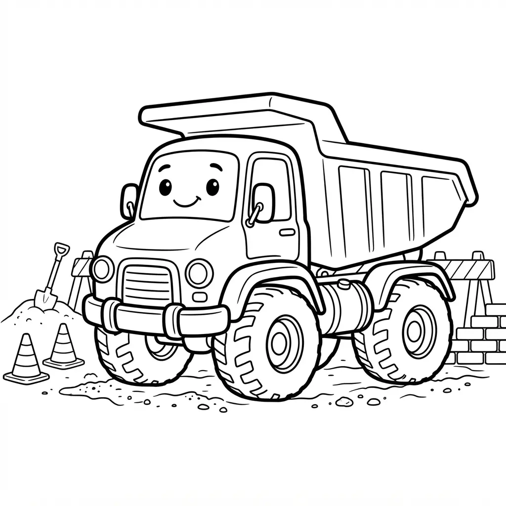 Yellow dump truck line drawing at a construction site with cones, dirt, and bold truck coloring pages outlines.