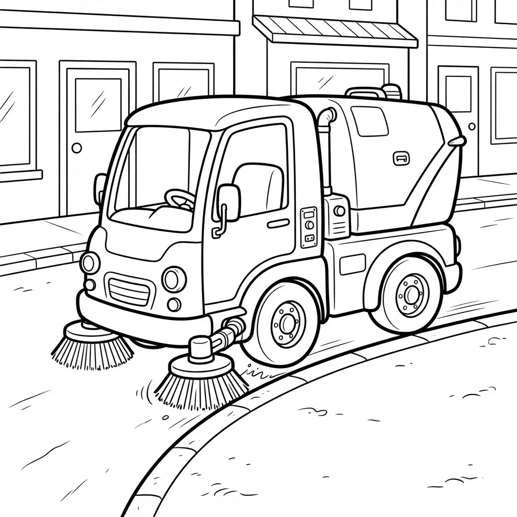 Street sweeper line drawing brushing a city curb with rotating brushes, buildings, and clean coloring spaces.