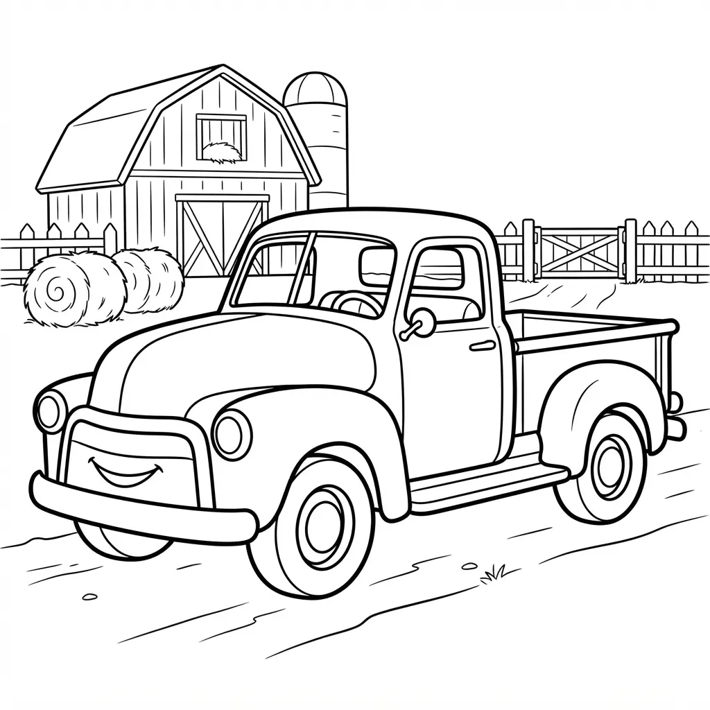 Vintage pickup truck line drawing in a farm yard with a barn, fence, hay bales, and broad outlines.