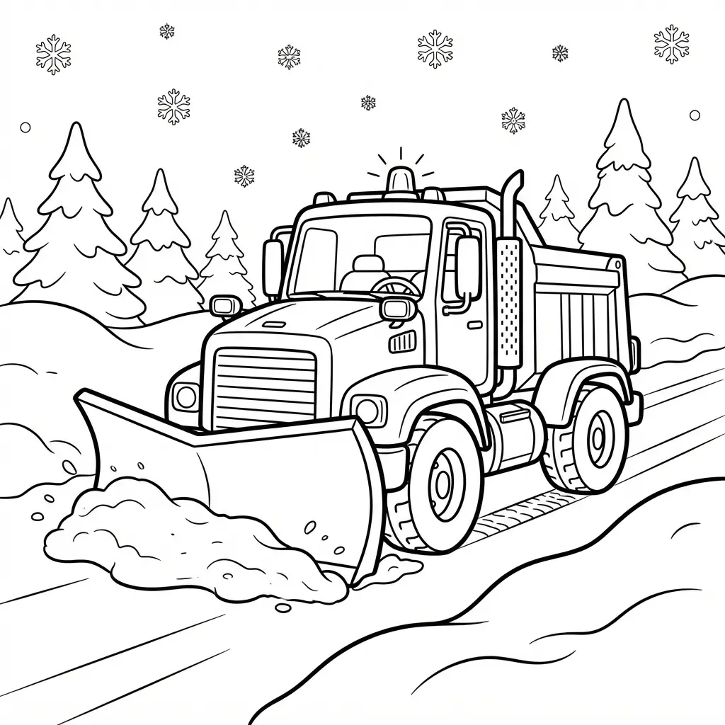 Snow plow line drawing pushing snow along a road with pine trees, snowbanks, and a large front blade.