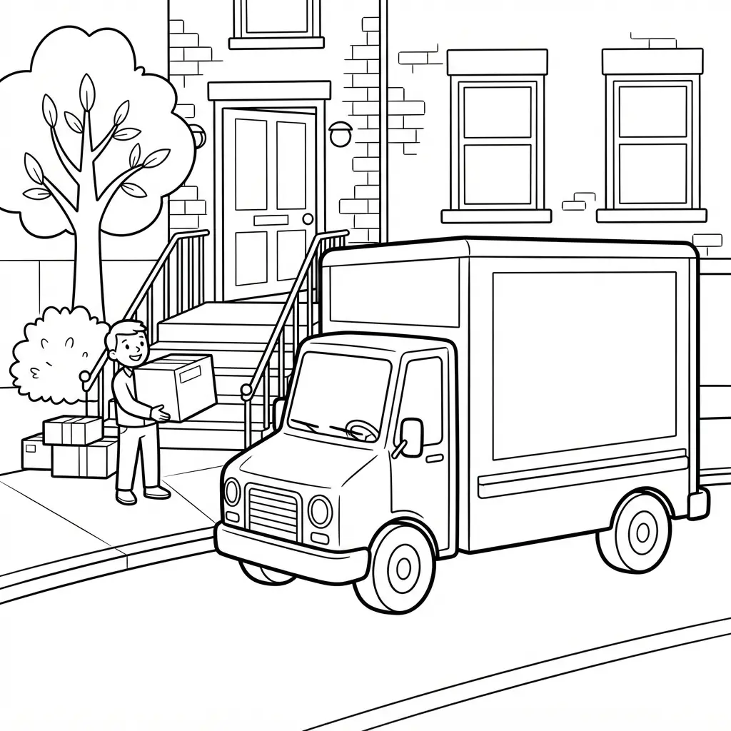 Delivery truck line drawing outside a city home with parcels, steps, trees, and simple coloring spaces.