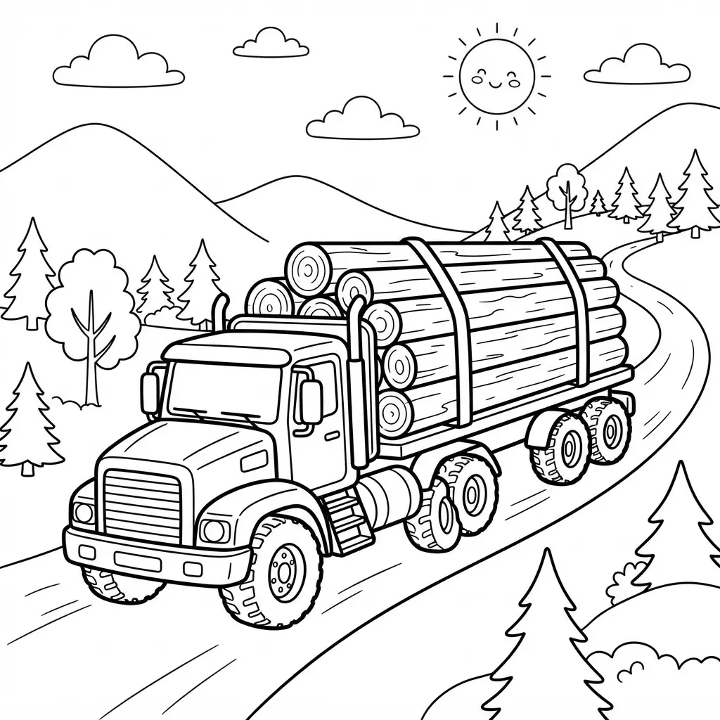 Log truck line drawing loaded with timber on a mountain road with hills, trees, and bold truck coloring pages outlines.