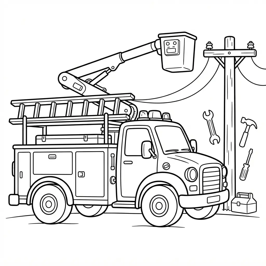 Utility truck line drawing beside an electrical pole with a ladder, tools, cables, and clear vehicle parts.