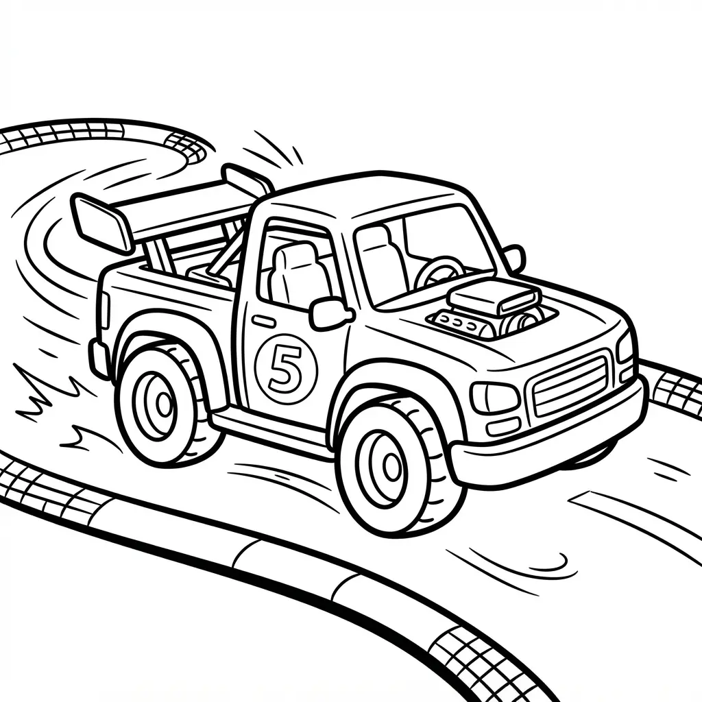 Race truck line drawing on a curved track with flags, tire marks, and bold truck coloring pages outlines.