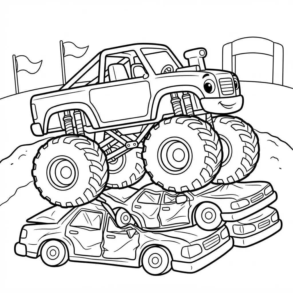 Monster truck line drawing above crushed cars with huge tires, flags, and wide areas for coloring.