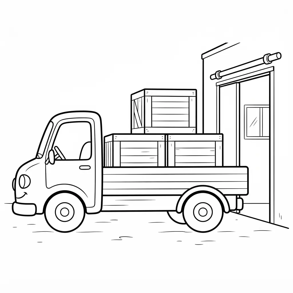 Flatbed truck line drawing loaded with wooden crates beside a warehouse with simple bold outlines for kids.