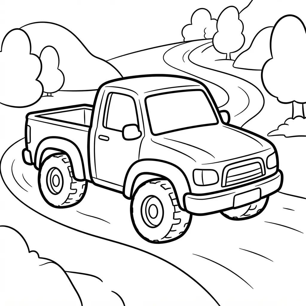 Pickup truck line drawing on an offroad trail with hills, trees, and large wheels for easy coloring.