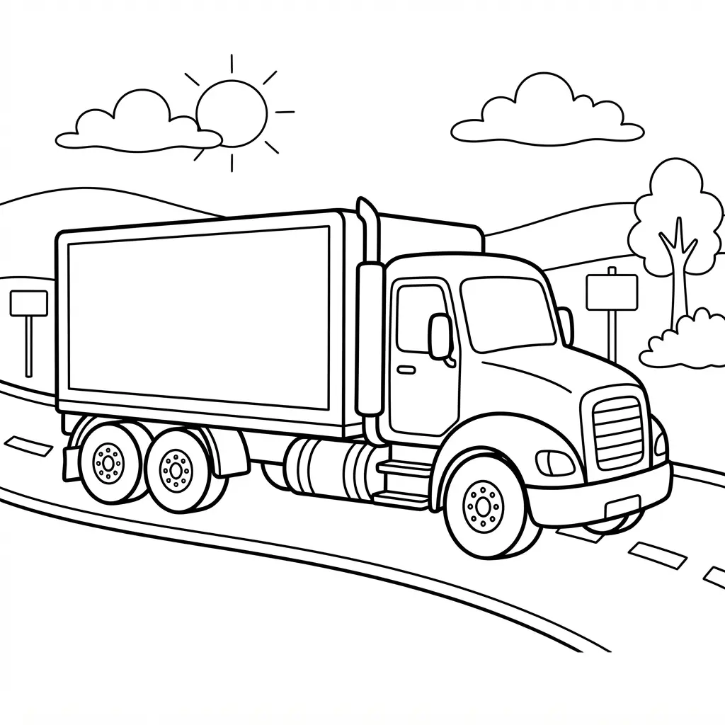 Large semi truck line drawing on a highway with lane markings, roadside signs, and clean coloring spaces.