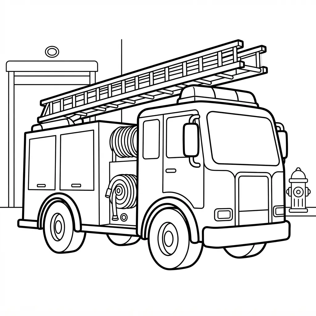 Fire engine line drawing with ladder, hose, lights, and a station background for truck coloring pages.