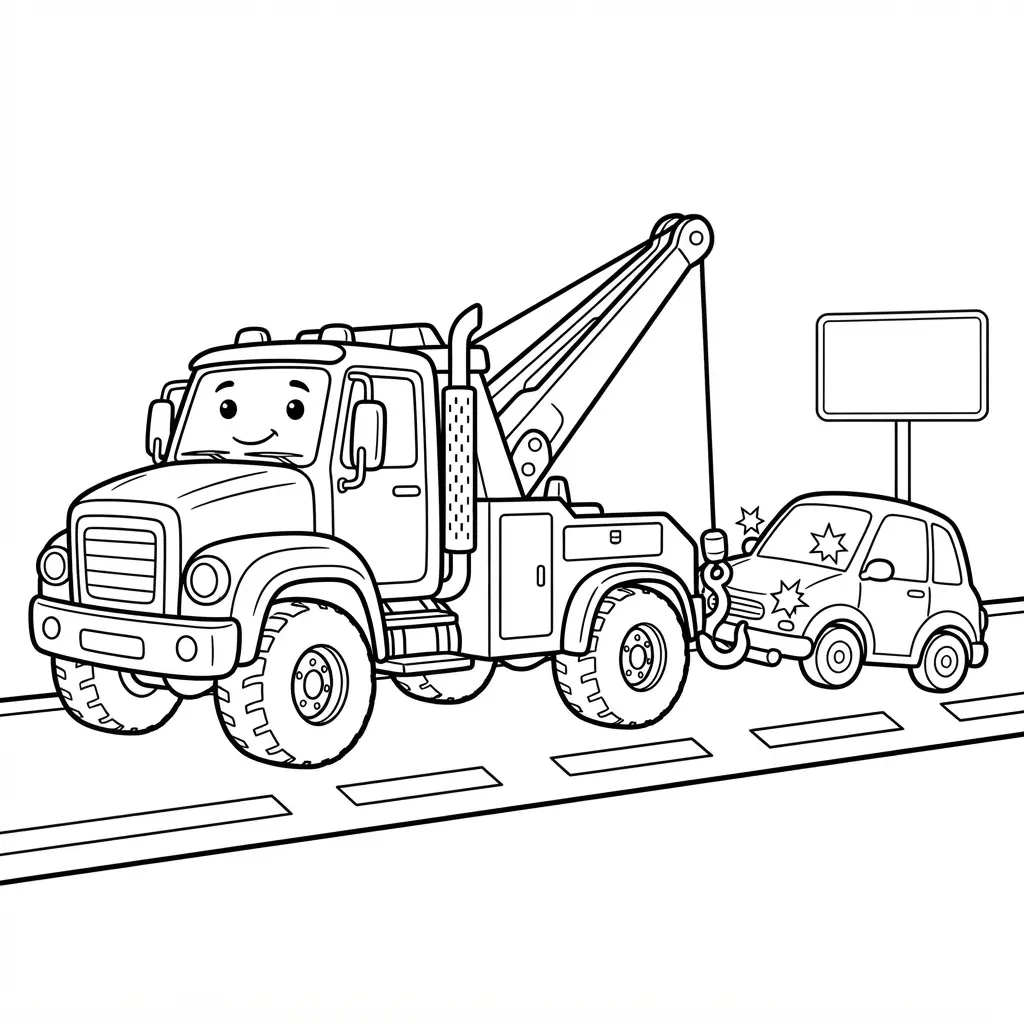 Tow truck line drawing beside a disabled car with a hook, road sign, and clear mechanical parts.
