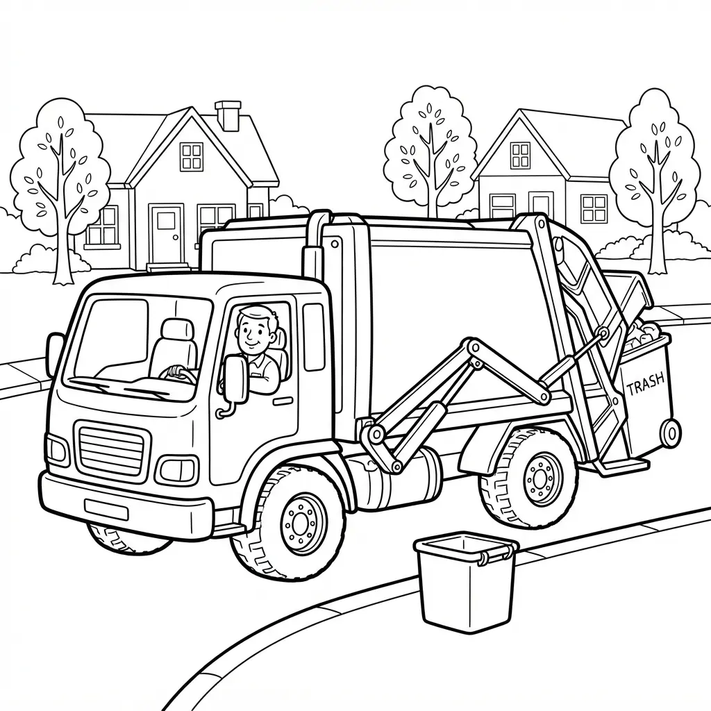 Garbage truck line drawing collecting bins on a city street with houses, trees, and wide coloring areas.