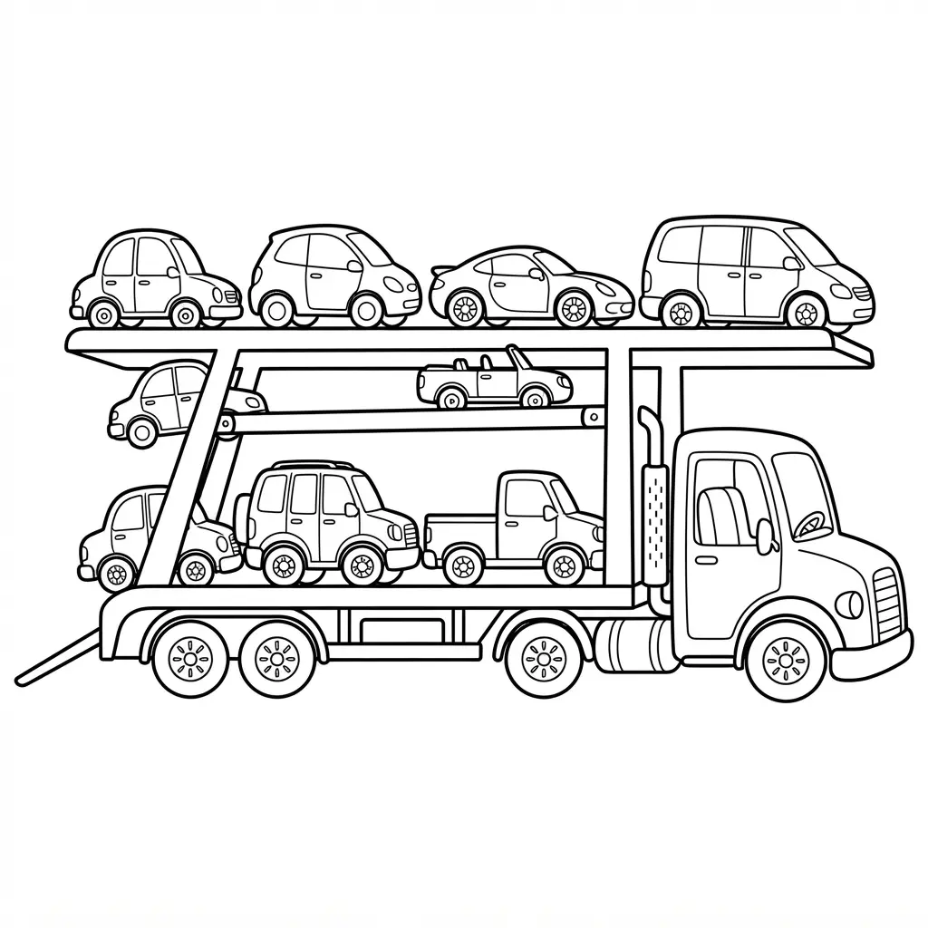 Car carrier line drawing with several vehicles on two levels, ramps, wheels, and bold truck coloring pages lines.