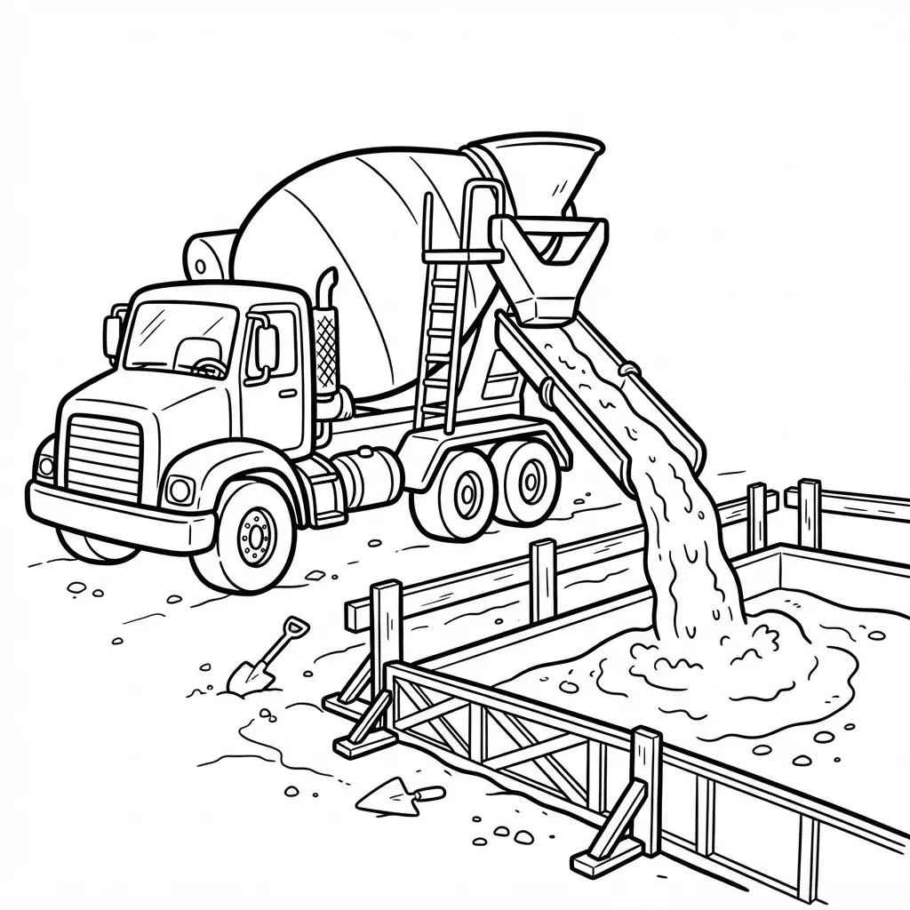 Cement mixer line drawing pouring concrete at a building site with barriers, tools, and simple background details.