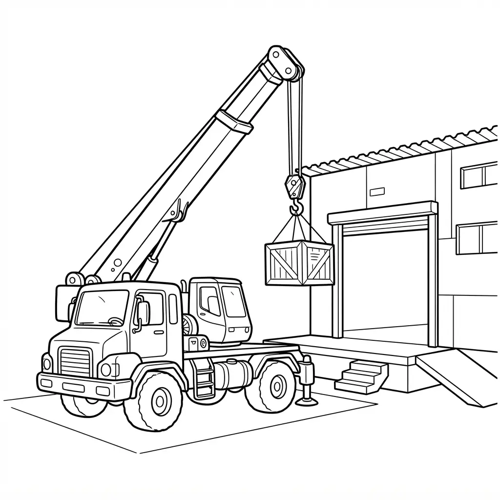 Crane truck line drawing lifting a cargo crate with an extended boom, tires, and warehouse details.