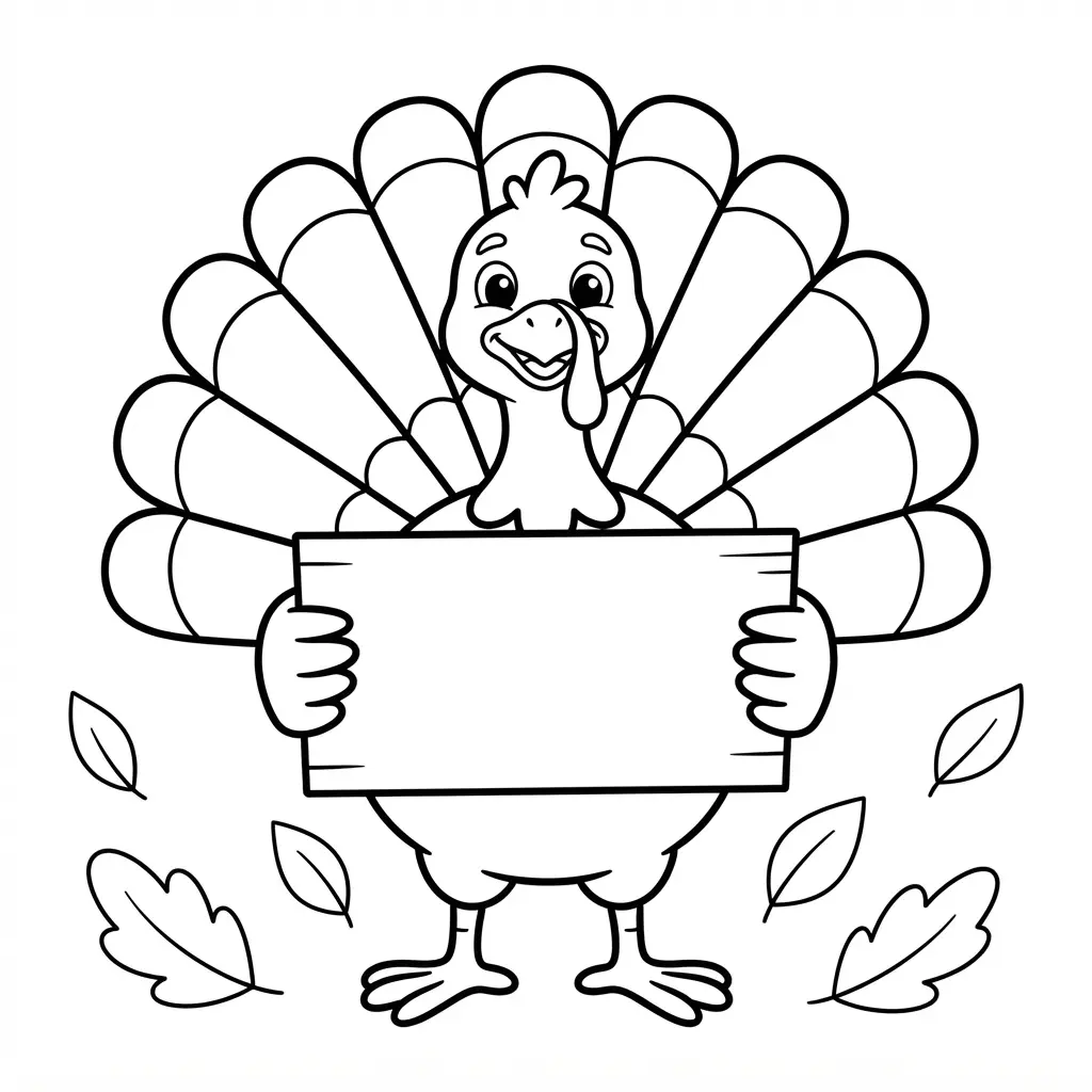 Turkey holding a thankful sign in a coloring page, surrounded by autumn leaves and a clear open feather fan.