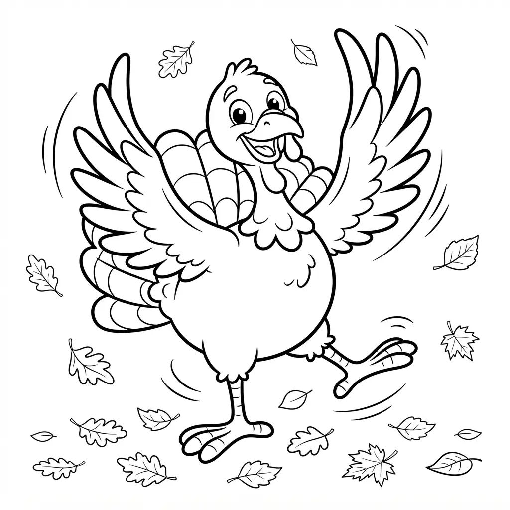 Funny turkey dancing in leaves in a coloring page, with raised wings, curved motion lines, and scattered foliage.