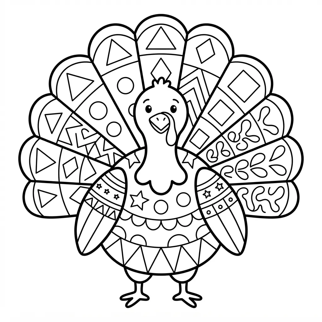 Geometric patterned turkey coloring page with bold sections, repeated shapes, and a centered fan of feathers.
