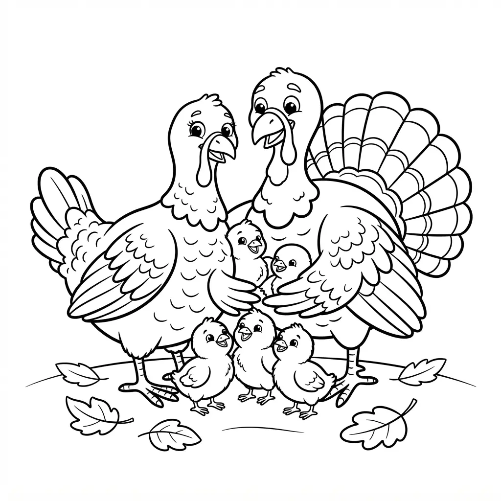 Turkey family gathering together in a coloring page, with adult birds, chicks, leaves, and a simple ground line.