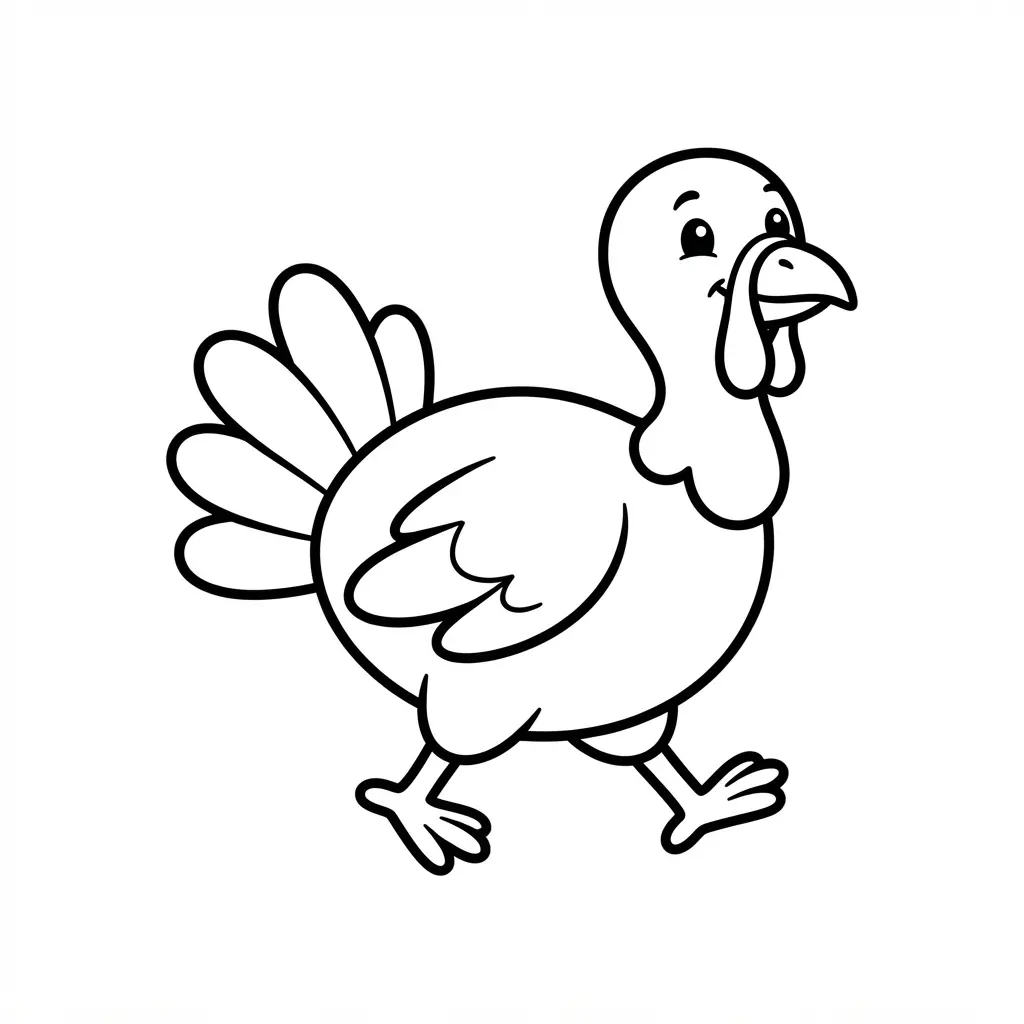 Minimalist waddle walk turkey line art with a small body, clean contours, short legs, and an open background.