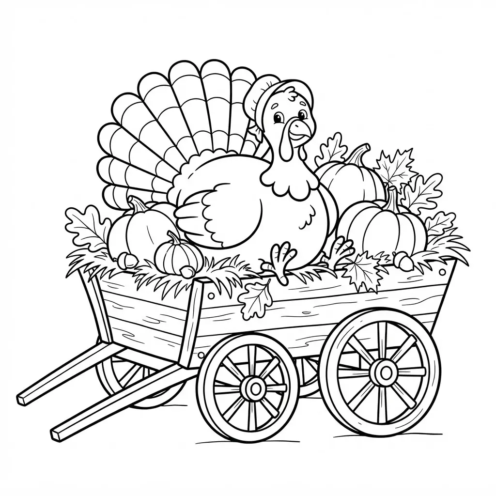 Turkey sitting on a harvest wagon in a coloring page, with wooden wheels, pumpkins, hay, and fall leaves.