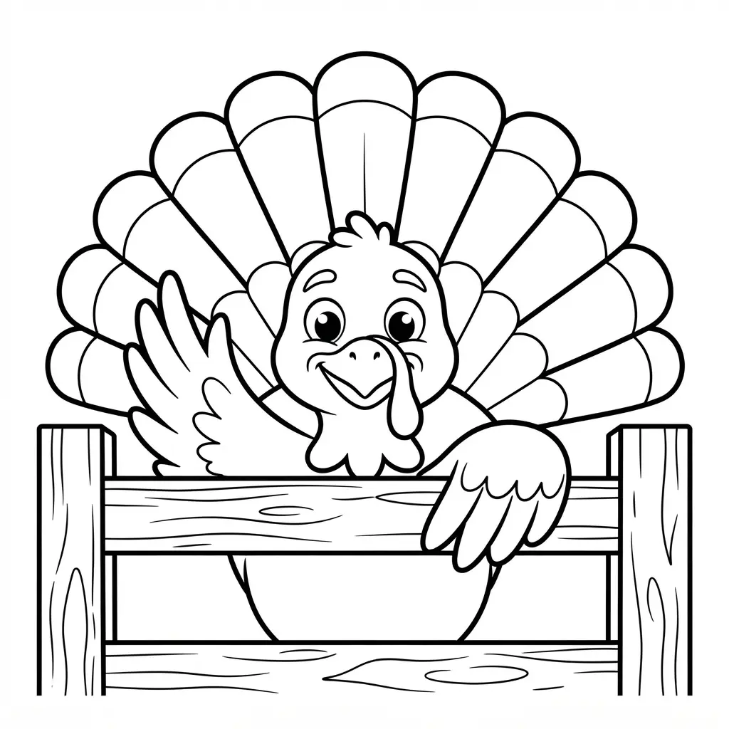 Playful turkey hiding behind a fence in a coloring page, showing its head, eyes, wings, and feathered tail.