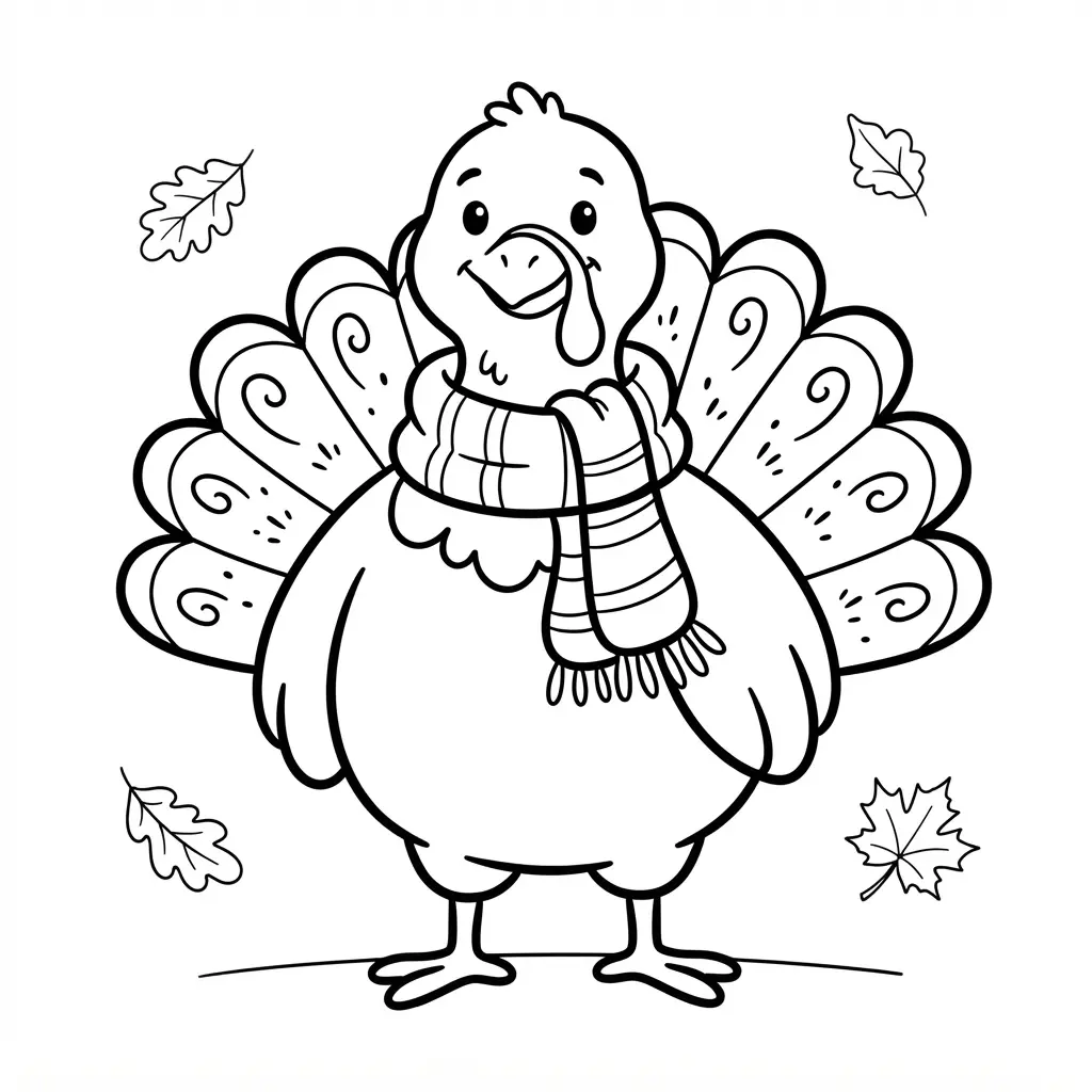 Turkey wearing a festive fall scarf in a coloring page, with curled feathers, leaves, and a smiling expression.