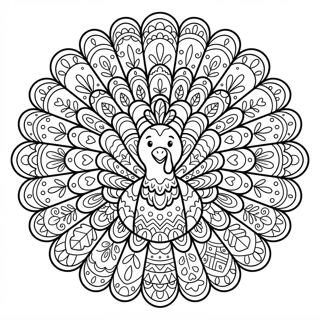 Mandala style turkey plume design with symmetrical feather sections, curved lines, and a centered decorative bird.