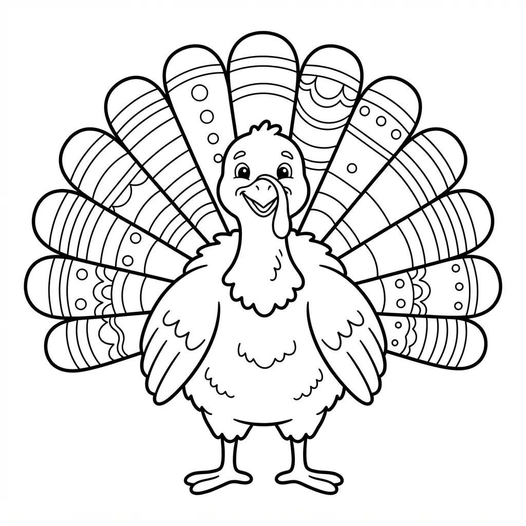 Detailed feather patterned turkey coloring page with repeating feather shapes, clear outlines, and a friendly standing pose.