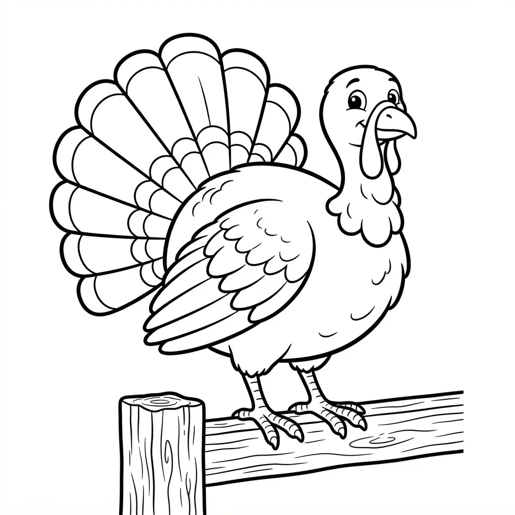 Turkey standing on a fence post in a coloring page, with open sky, small leaves, and a clear feather outline.