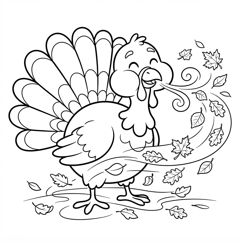 Cartoon turkey blowing fall leaves in a coloring page, with puffed cheeks, swirling leaves, and open ground space.