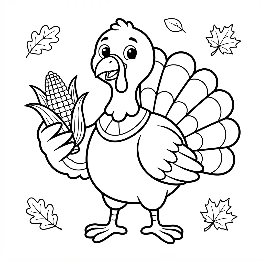 Turkey holding golden harvest corn in a coloring page, with husk leaves, a feathered tail, and fall foliage.